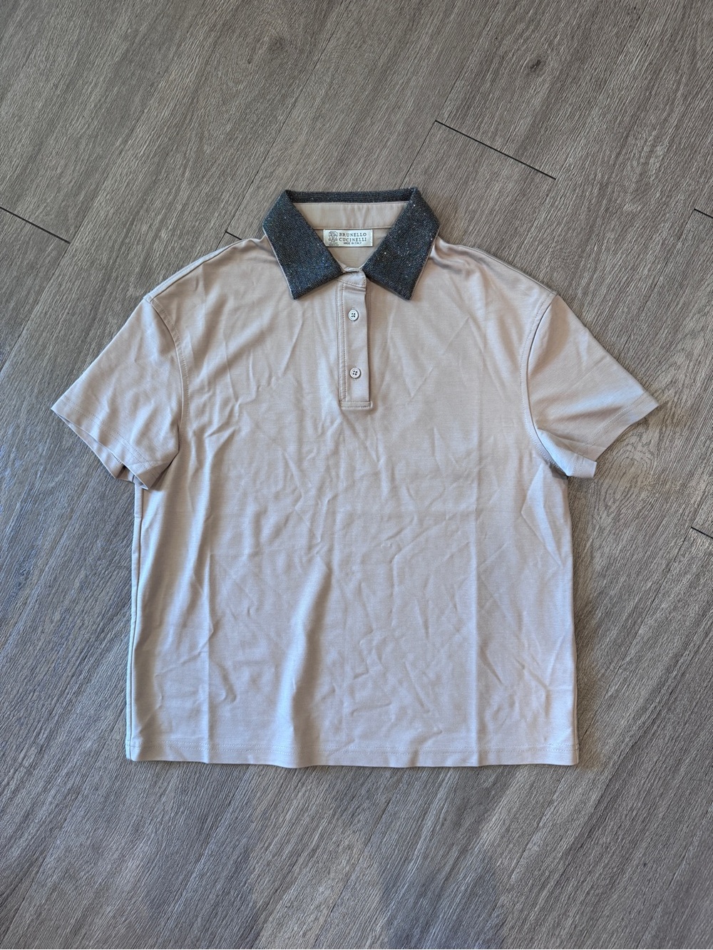 Brunello Cucinelli Cream Polo Shirt with Bedazzled Collar